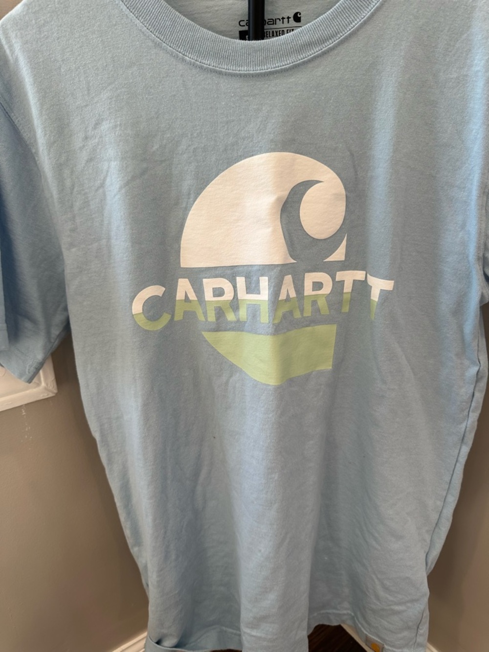 Carhartt Short Sleeve Logo Tee in Light Blue with White and Lime Graphic T-Shirt - Picture 12 of 16